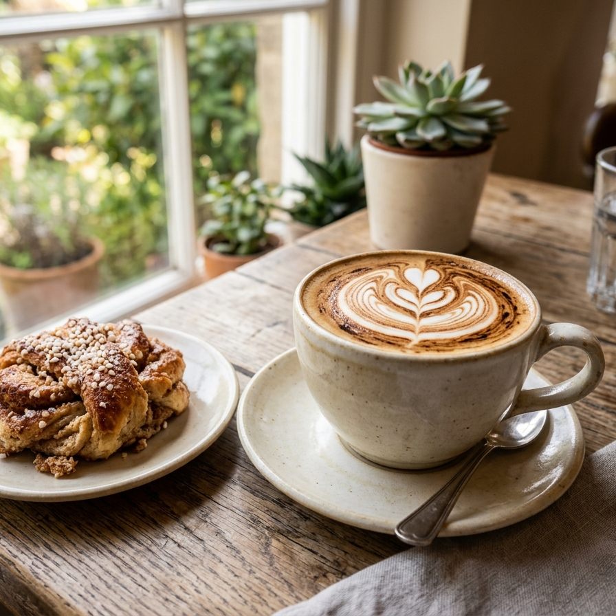 Cappuccino z latte artem i cynamonka na talerzu przy oknie