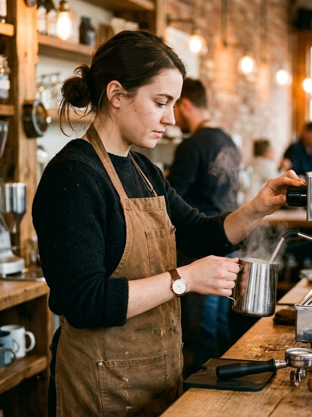 Baristka spienia mleko przy ekspresie za drewnianym barem